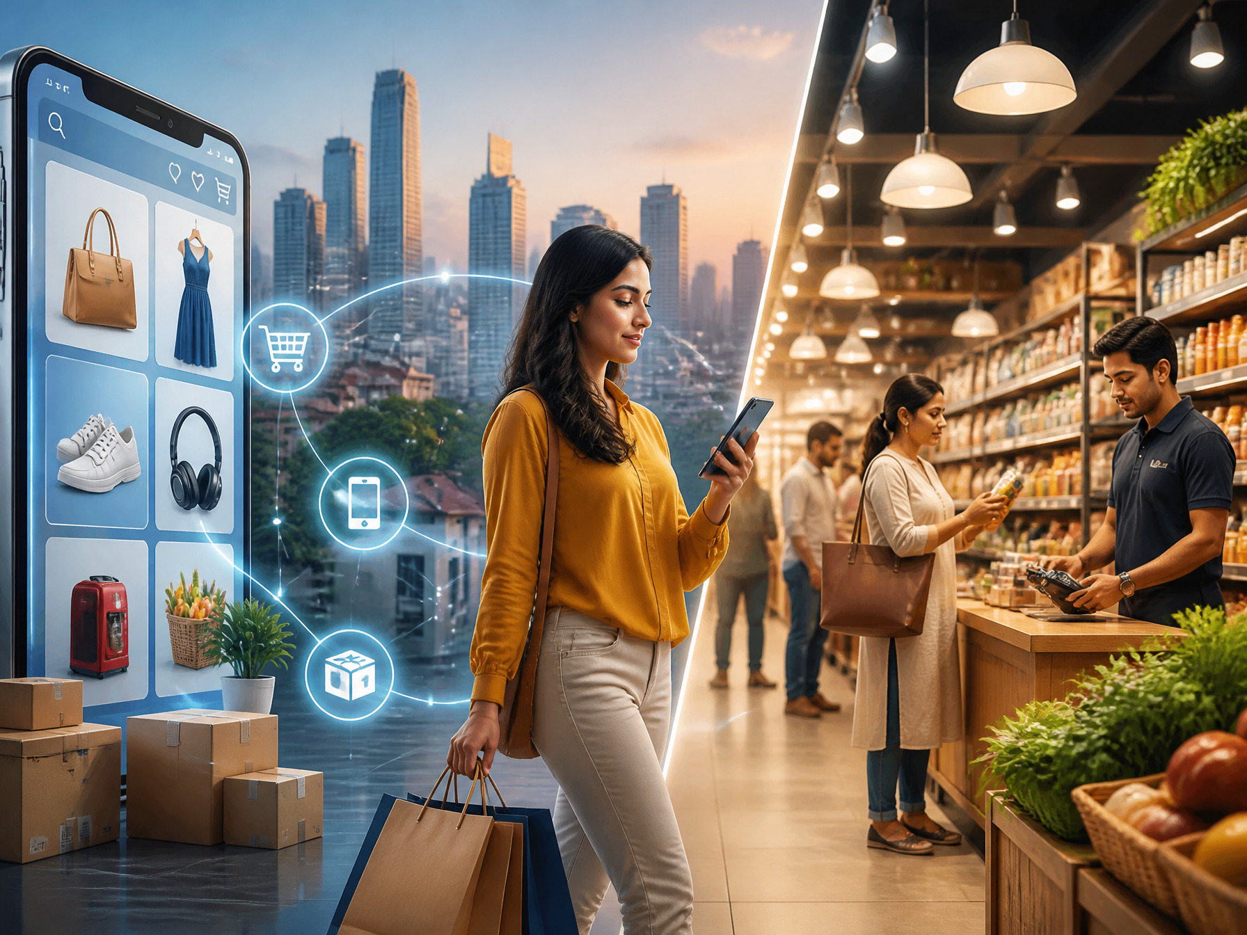 Consumer moving between mobile commerce and a physical grocery store